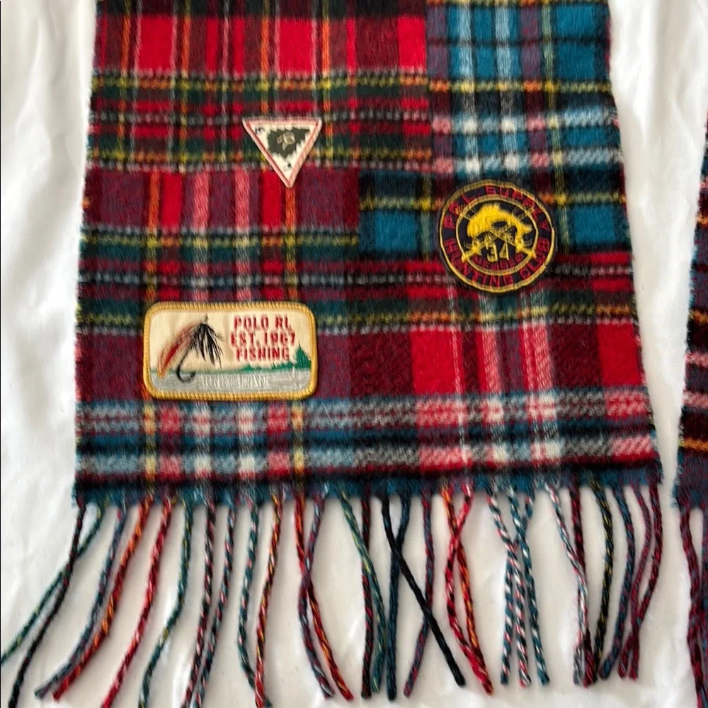 Polo Ralph ITALY Lauren Red Blue WOOL BLEND Plaid FISHING HUNTING PATCHES SCARF